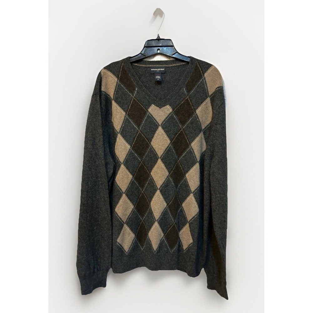 BANANA REPUBLIC Mens 2XL 100% Cashmere Sweater Argyle Gray Brown Tan V-Neck‎ EUC